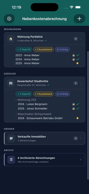 Objektübersicht der Nebenkosten App mit Wohnungen, Gebäuden und archivierten Abrechnungen