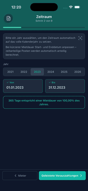 Schritt 2 von 9: Abrechnungszeitraum wählen, die App berechnet die anteilige Mietdauer